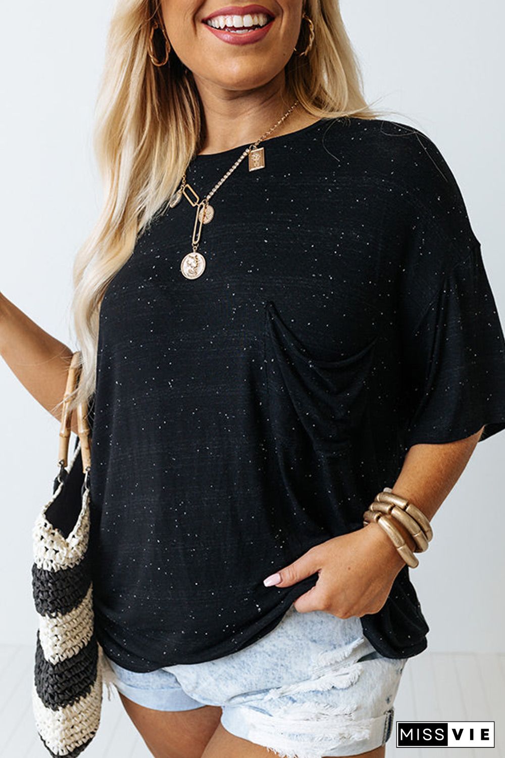 Black Splatter Allover Plus Size Pocketed T-shirt