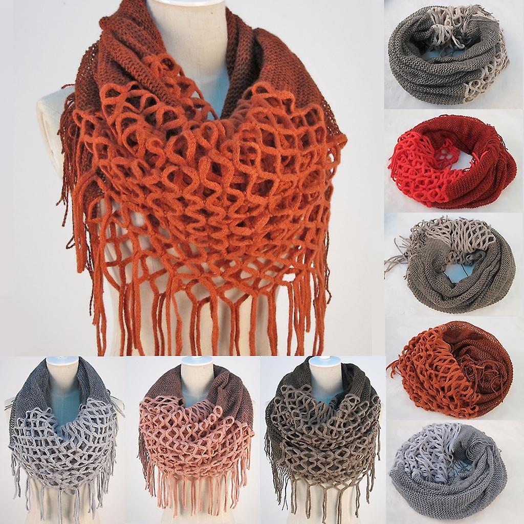 Woman Warm Chic Fringe Scarf Hollow Out Tassels Knitting Knit - Red