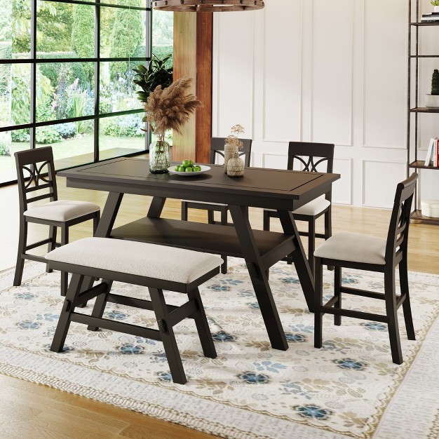 Rustic 6 piece Wood Counter Height Dining Table Set With Storage Shelf 4 Chairs And Bench modernluxe