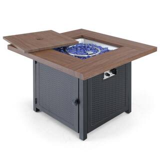 PHI VILLA 33.9 in. W x 25.2 in. H Square Wood-like Metal Steel Gas Fire Pit Table with Cover and 50000 BTU Burner THD-E02GS002