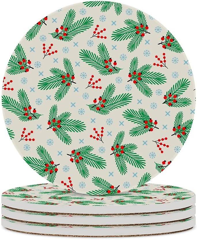 1pc Round Merry Christmas Snowflakes And Berries Ceramic Coasters With Cork-backed For Coffee Drink Cup Mat Absorbent Stone Coasters