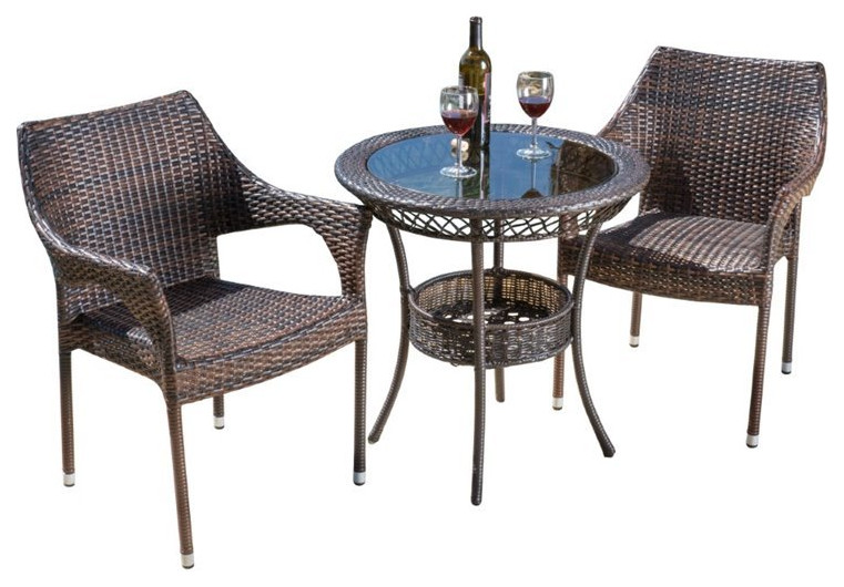 Noble House Mirage 3 Piece Outdoor Bistro Set in Brown   Tropical   Outdoor Pub And Bistro Sets   by Homesquare  Houzz