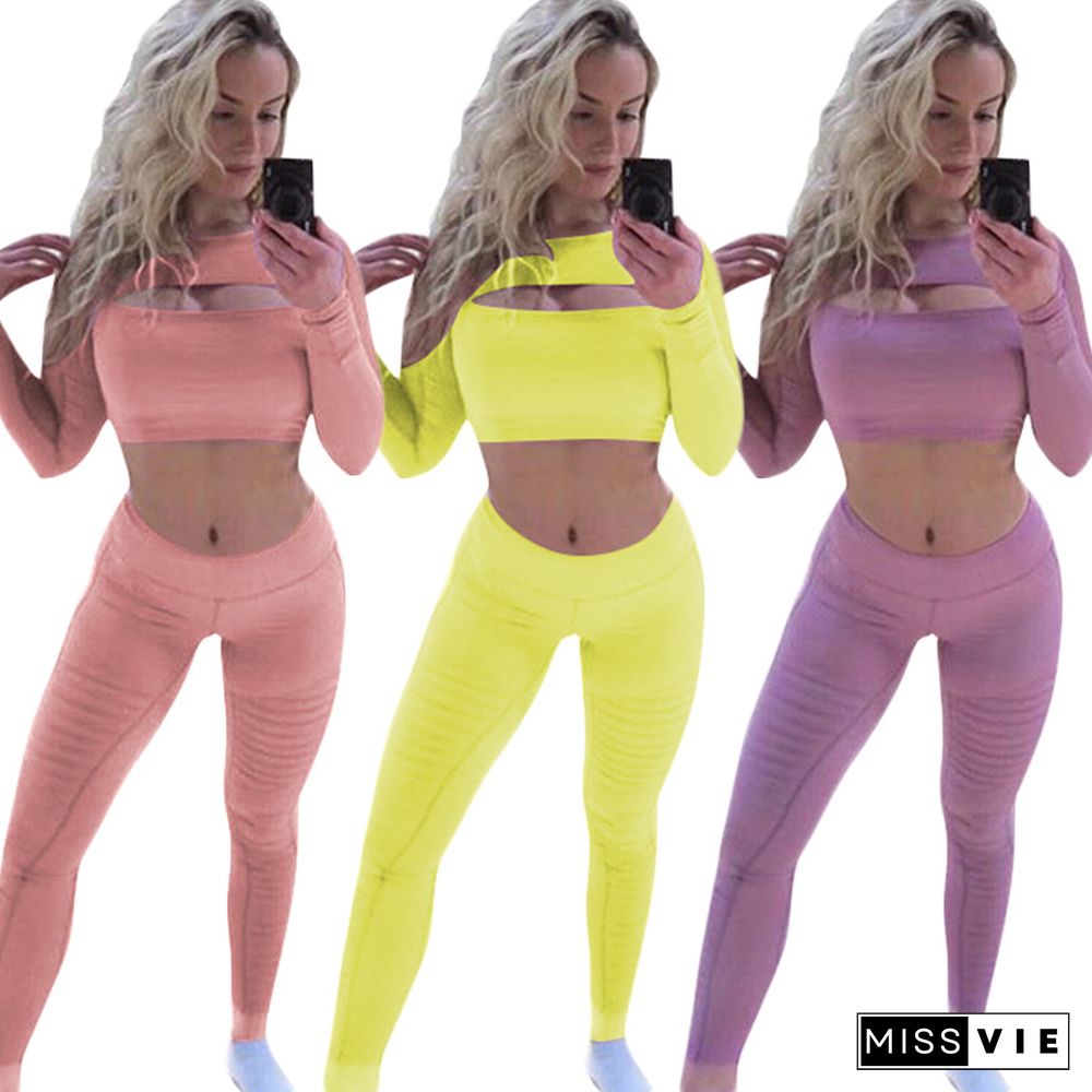 Leisure Women Hollow Out Crop Top and Bodycon Pants 2 Pieces Set