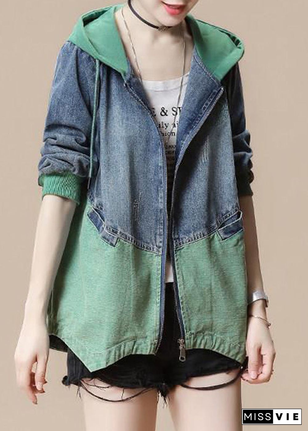 Green Drawstring Pockets Hoodie Denim Coat Long Sleeve