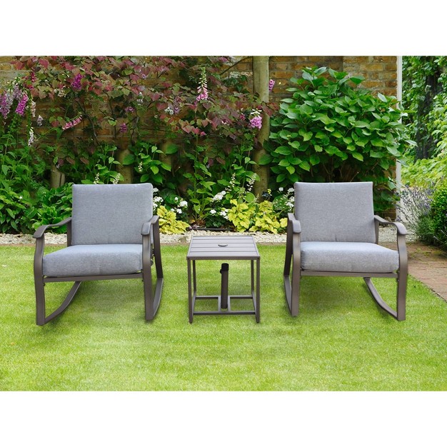 3pc Metal Outdoor Set With Rocker Teapoy amp Cushions Brown gray Godeer