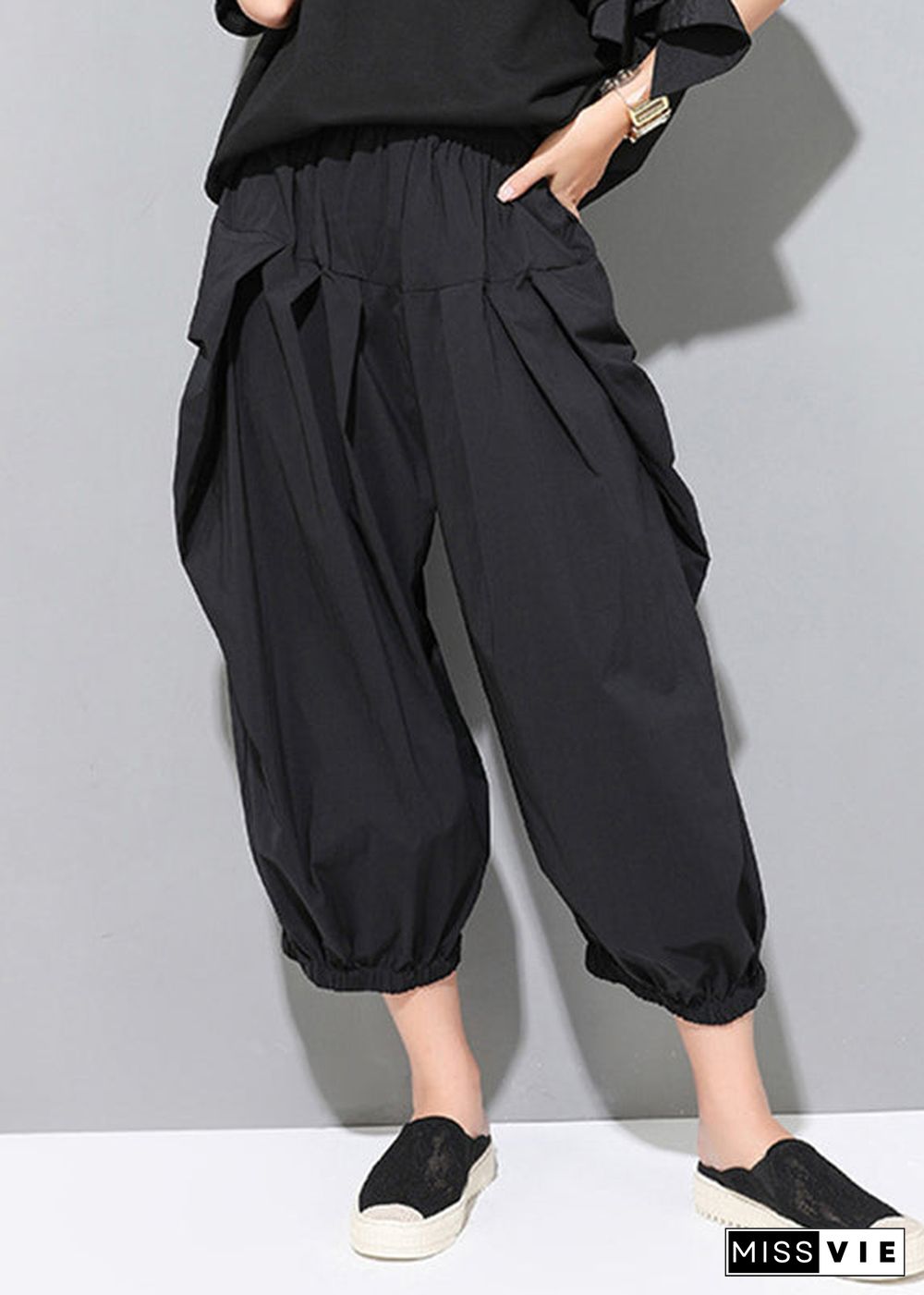 Loose Black Pockets Elastic Waist Crop Pants Fall