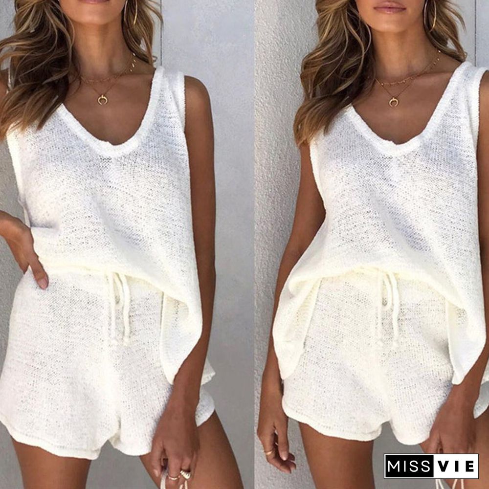 Textured Knit V Neck Sleeveless Crop Tank And Shorts Knitted Co ord Set