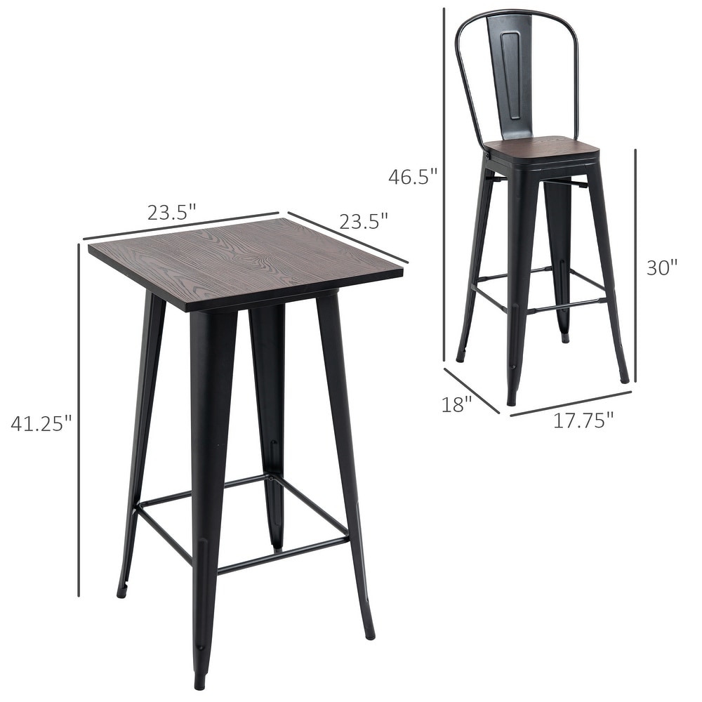 HOMCOM 3 Piece Bar Table Set with 1 Table  2 High Back Chairs and Metal Frame with Footrests for Home