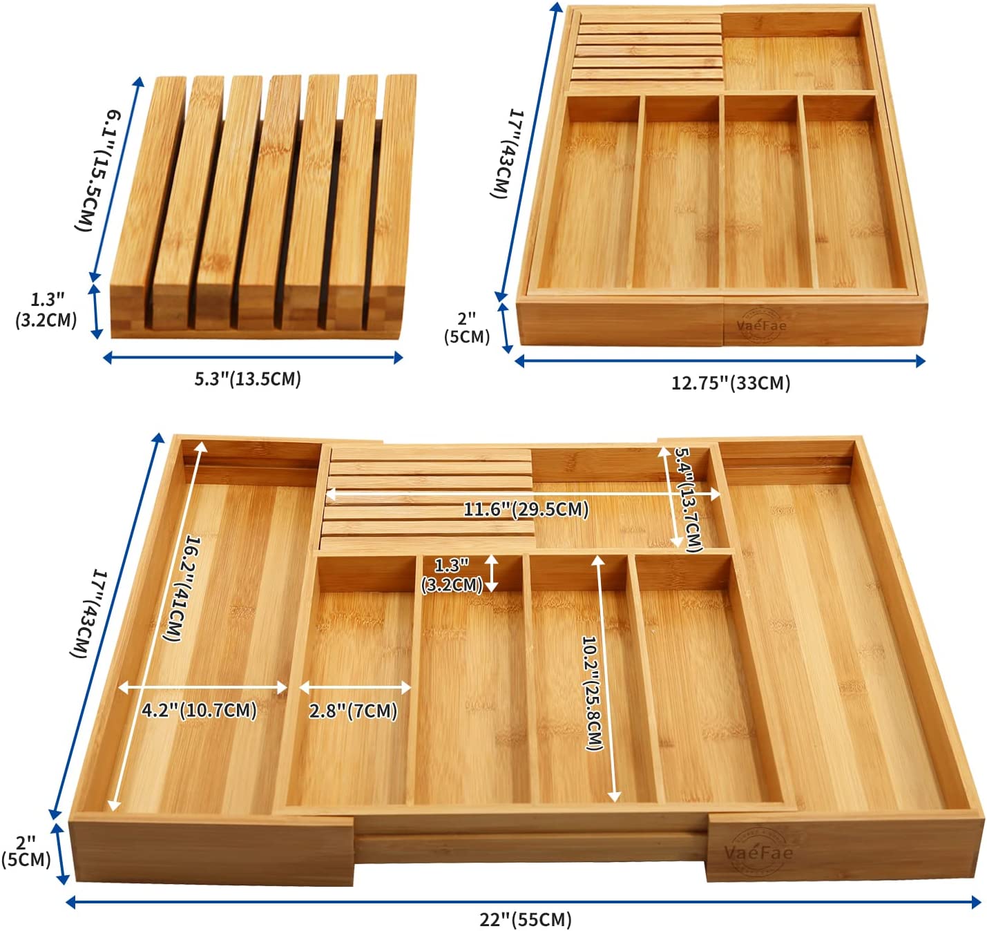 Bamboo Silverware Drawer Organizer Kitchen， Expandable Utensil Holder and Cutlery Tray with Divider | 13-21.6