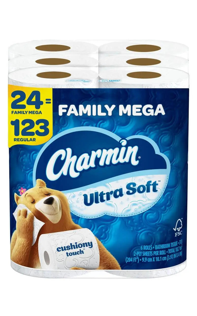 Ultra Soft Cushiony Touch Toilet Paper, 24 Family Mega Rolls = 123 Regular Rolls