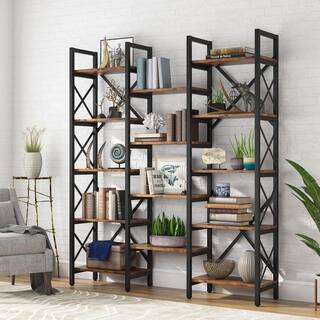 TRIBESIGNS WAY TO ORIGIN Obie 60.3 Black Metal Frame and Rustic Brown Particleboard 14-Shelf Open Back Standard Bookcase with Large Capacity HD-C0457