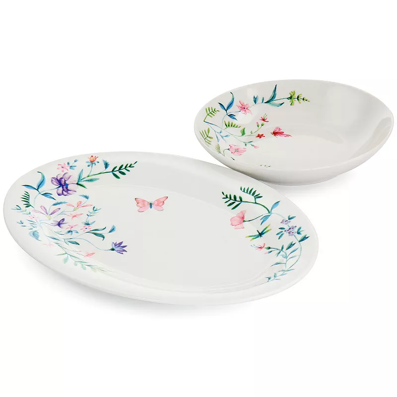 Gibson Everyday Butterfly Floral 2 Piece Fine Ceramic Platter and Dinner Bowl Set in White and Floral