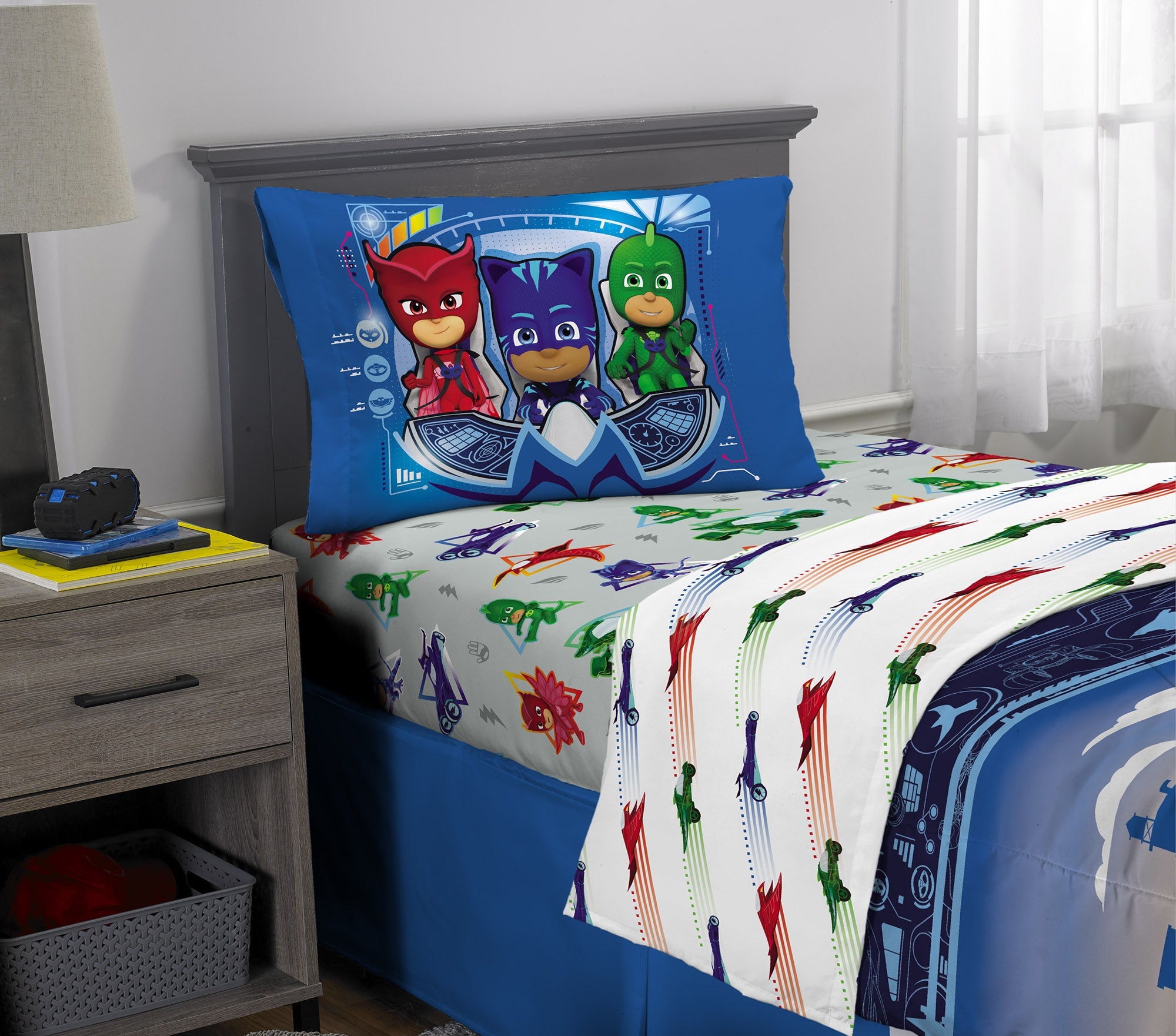 PJ Masks Kids Twin Bed in a Bag, Comforter and Sheets, Blue, Hasbro