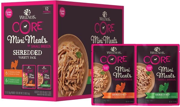 Wellness CORE Mini Meals Chicken and Turkey， Chicken and Lamb Shredded Variety Pack Dog Food Pouches