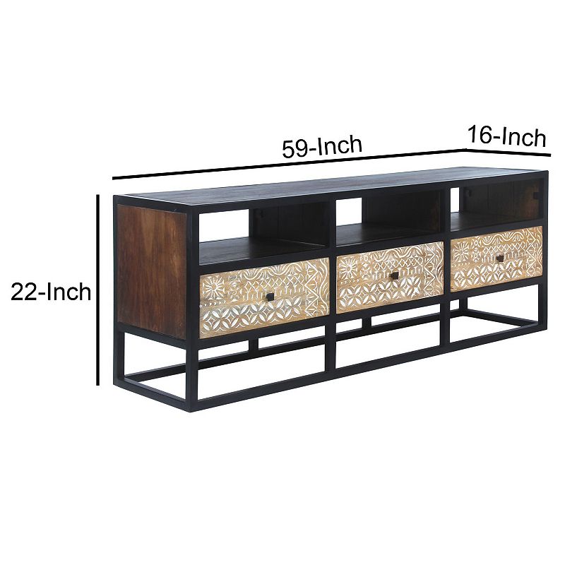 Carson 59 Inch Mango Wood TV Media Entertainment Console， Ornate Cut Out Floral Design， 3 Drawers， Natural Brown and Black