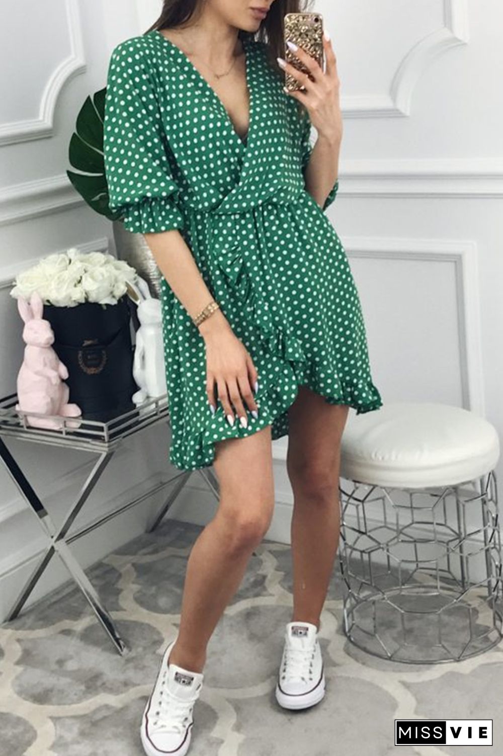 Polka Dot Ruffle Irregular Hem Midi Dress