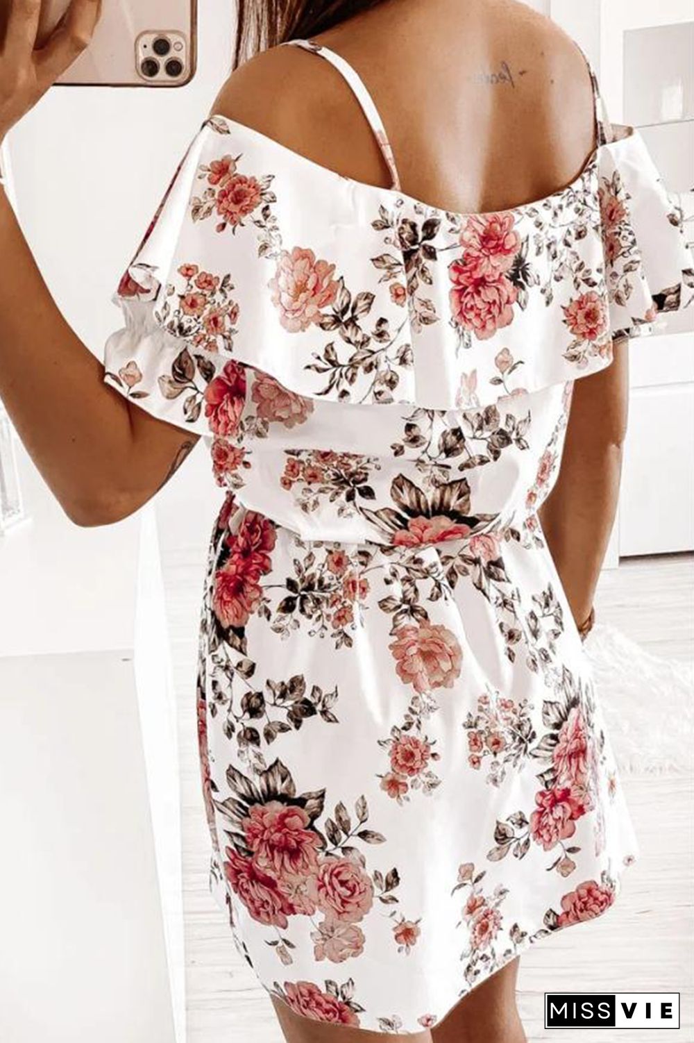 Elegant Floral Frenulum Flounce V Neck A Line Dresses