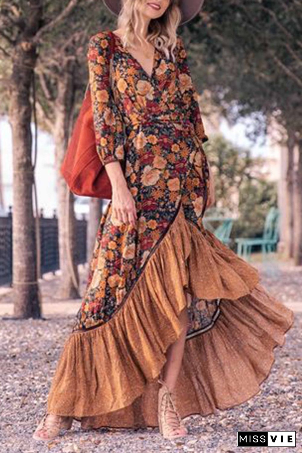 Long Sleeve Print Retro Long Maxi Dress