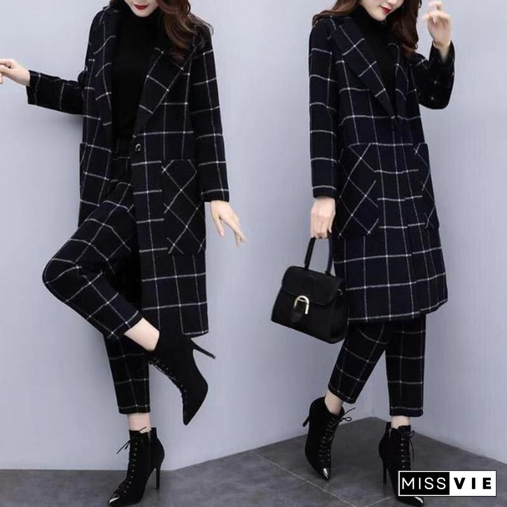 Winter Black Woolen Plaid Two Piece Sets Outfits Women Plus Size Long Coat And Pants Suits Elegant Fashion Office Sets