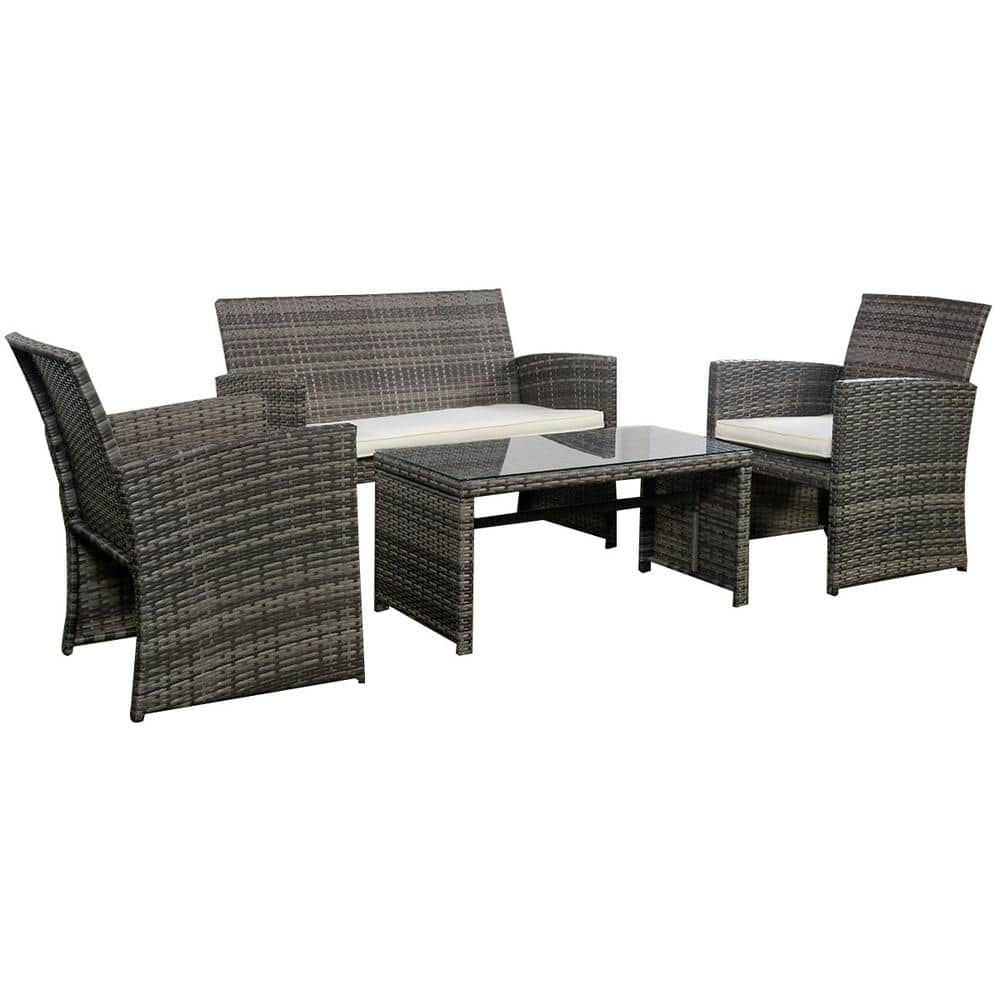 Costway Mix Gray 4-Piece Rattan Wicker Patio Conversation Set with Beige White Cushions Garden Lawn Furniture HW50276