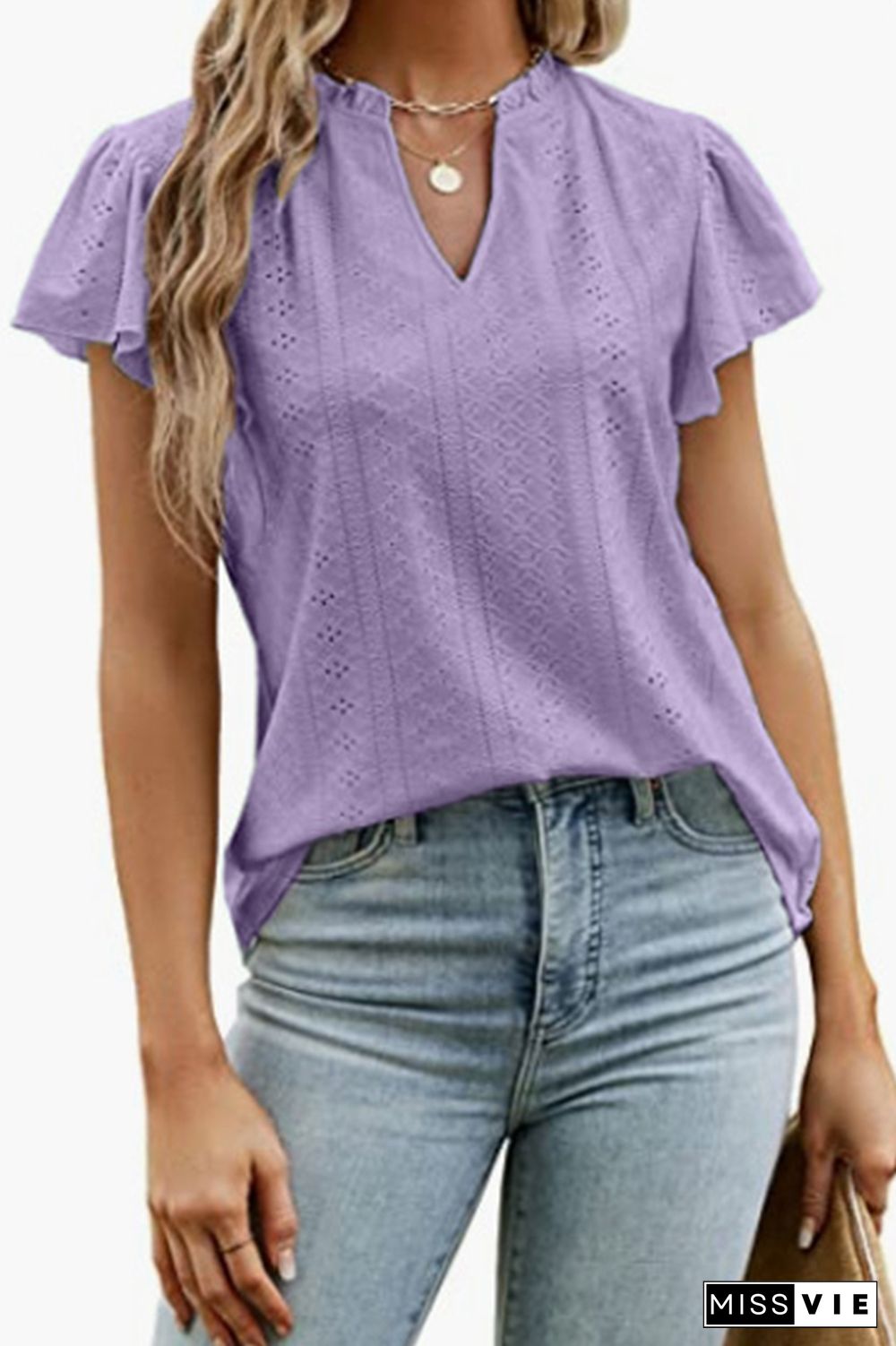 Eyelet Pattern Frilled Split Collar Ruffles Sleeves Tee