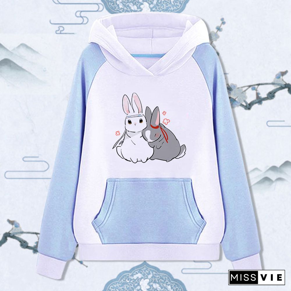 Cute Rabbit Print Pocket Hoodie