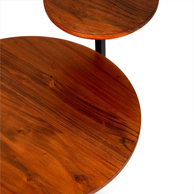 Geo Collection 21 Inch Round Acacia Wood Accent End Table with 2 Tier Tabletops， Brown， Black