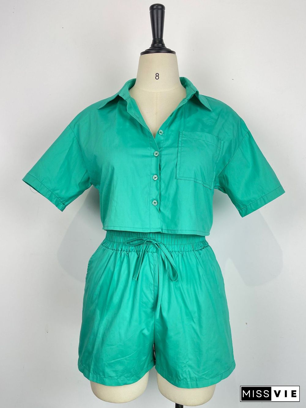 Solid Short Sleeve Shirts and Shorts Two Piece Set