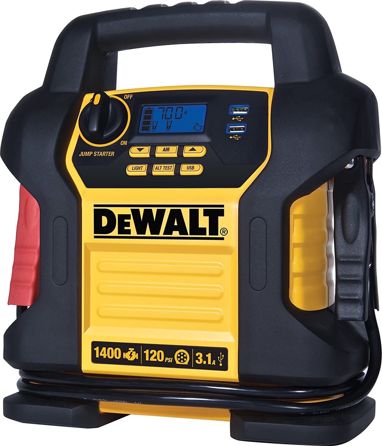 DEWALT DXAEJ14 Digital Portable Power Station Jump Starter， 1400 Peak/700 Instant Amps， 120 PSI Air Compressor， 3.1A USB Ports， Battery Clamps