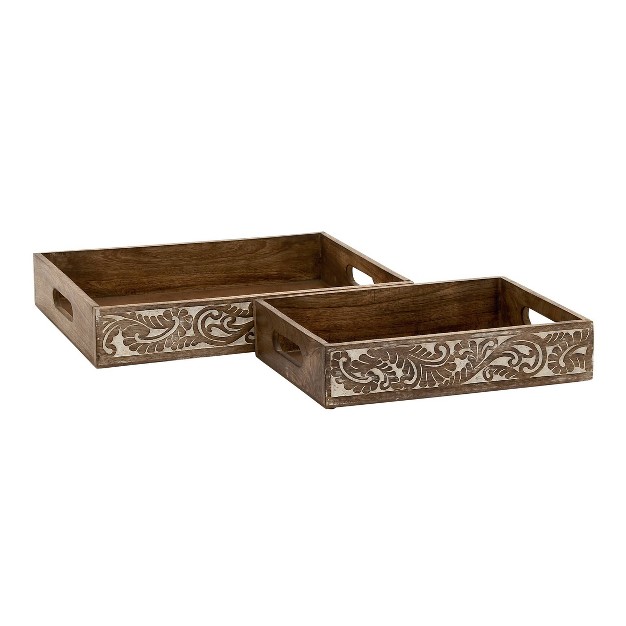 Set Of 2 Farmhouse Mango Wood And Mdf Trays Brown Olivia amp May