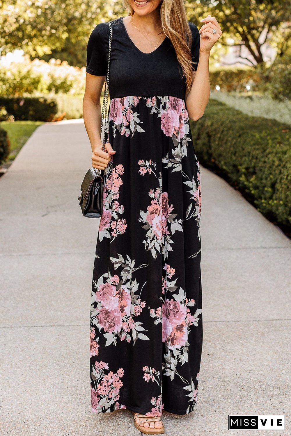 Black Contrast Floral Empire Waist Maxi Dress