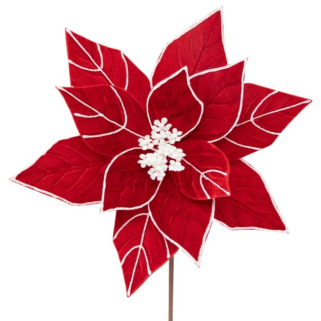 Red And White Velvet Glittered Poinsettia Christmas Stem Spray