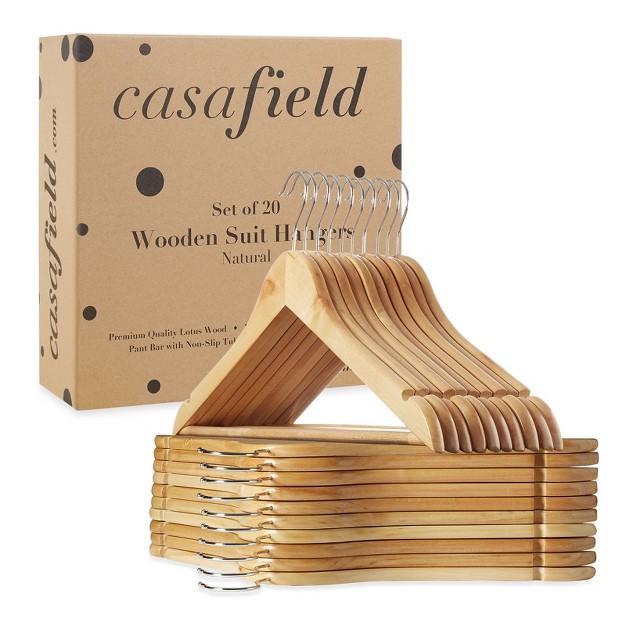 Casafield Wooden Suit Hangers Non slip Pant Bar amp Swivel Hook Set Of 20