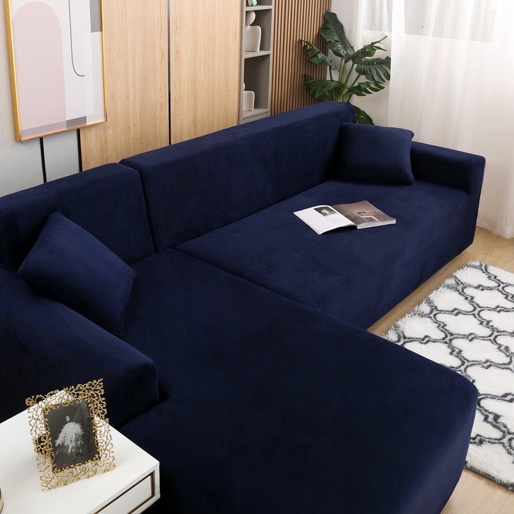 SHANNA Thick Velvet Stretch 2 Pieces L-Shaped Sofa Covers Anti-Slip Sectional Sofa Slipcovers 3 Seats+3 Seats Corner Couch Cover (Blue)