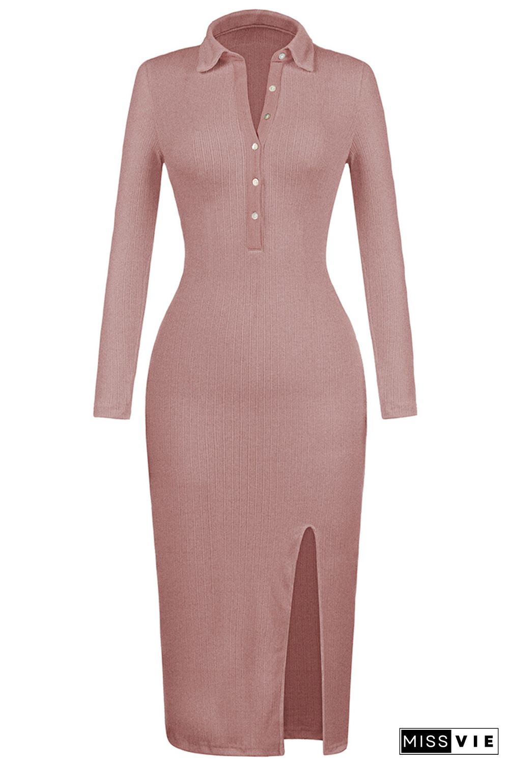 Button Down Split Knit Long Sleeves Midi Dress