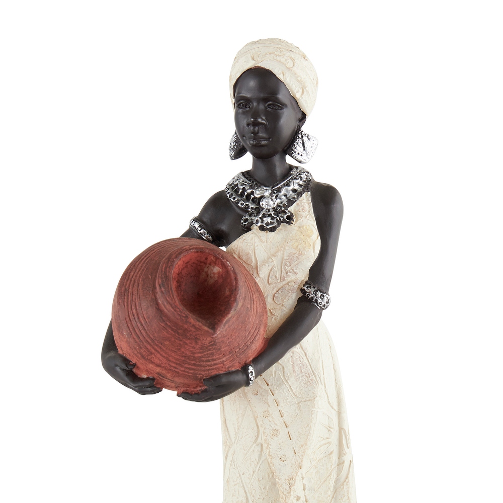 Cream Polystone Standing African Woman Sculpture with Red Water Pots and Black Base (Set of 2)   2 ASST 16\