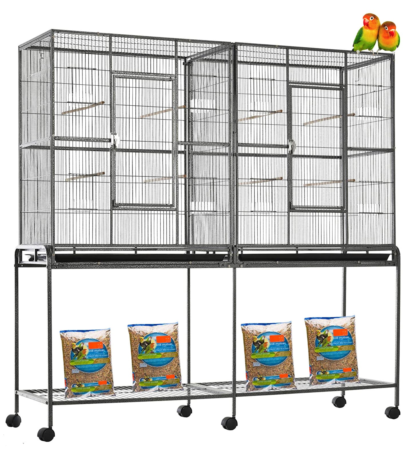 Large Double Flight Bird House Breeder Cage With Center Divider Side Breeding Nest Doors with Removable Rolling Stand Canary Parakeet Cockatiel Lovebird Finches