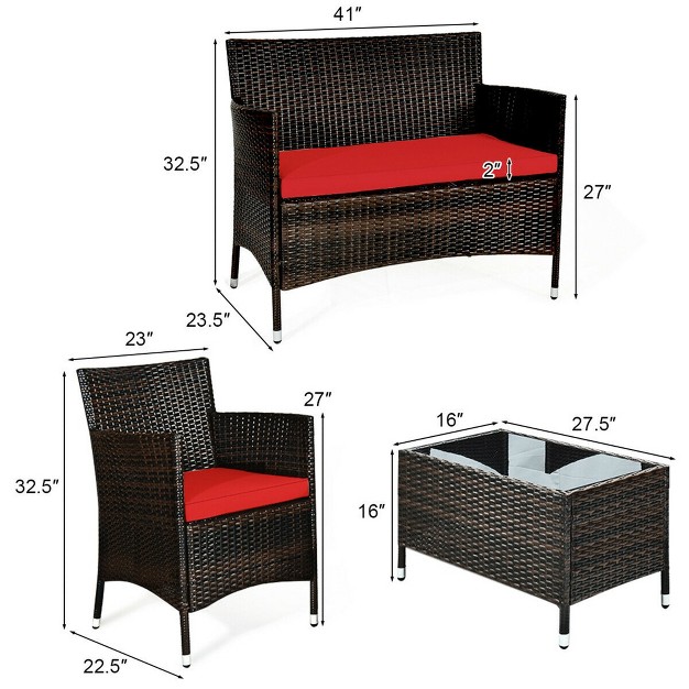 Tangkula 4 Pieces Patio Rattan Conversation Furniture Set Outdoor W Brown amp Red Cushion