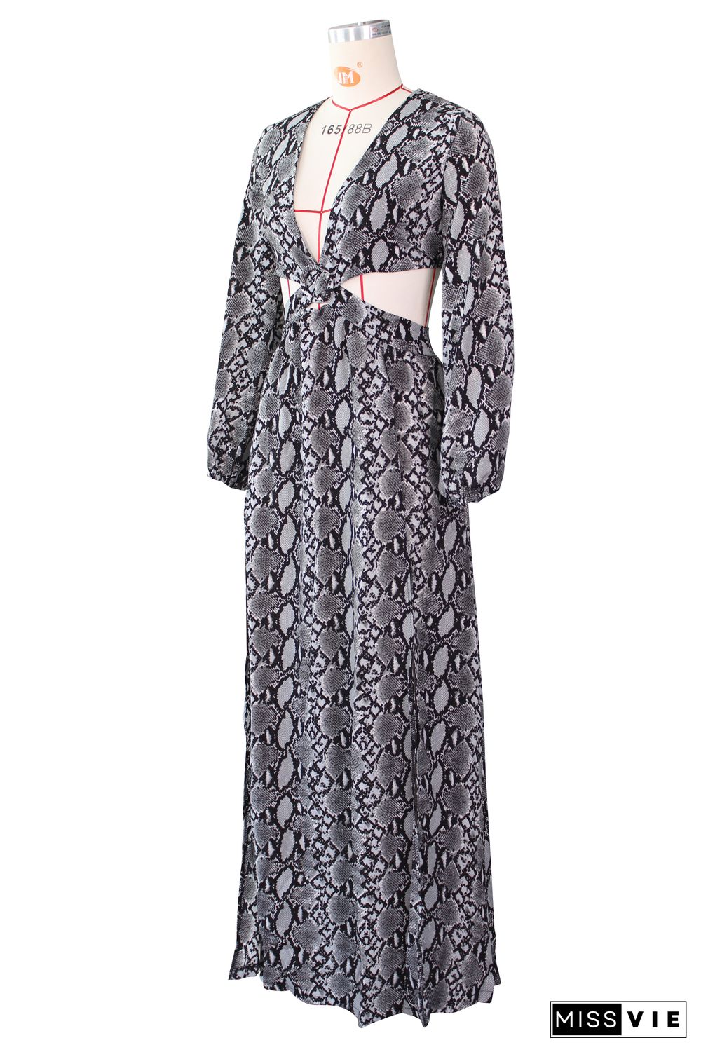 Snake Print Hollow Out Low Cut Maxi Dress