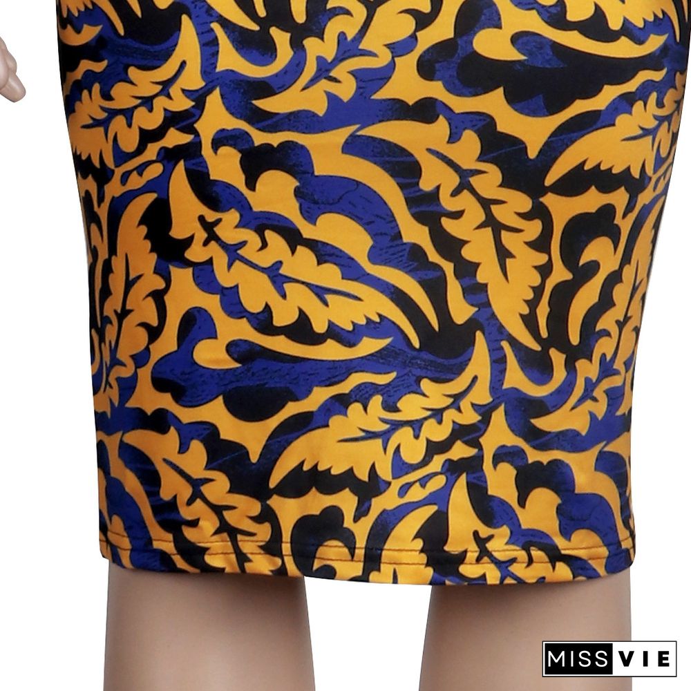 Pattern Printing Deep-V Short Sleeve Midi Dress