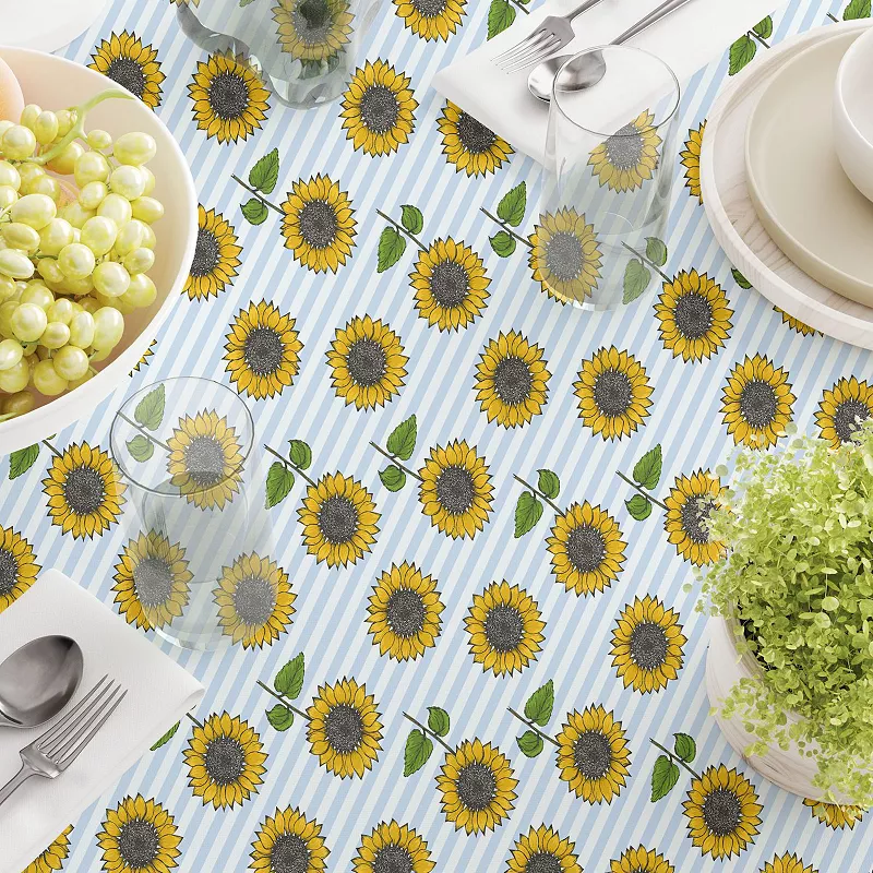 Square Tablecloth， 100% Cotton， 60x60， Blue Stripes and Sunflowers