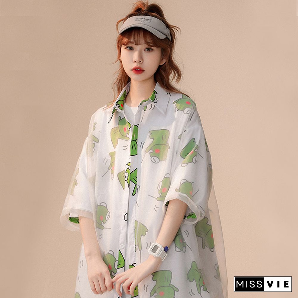 Vintage Cartoon Frog Print Loose Mesh T-Shirt