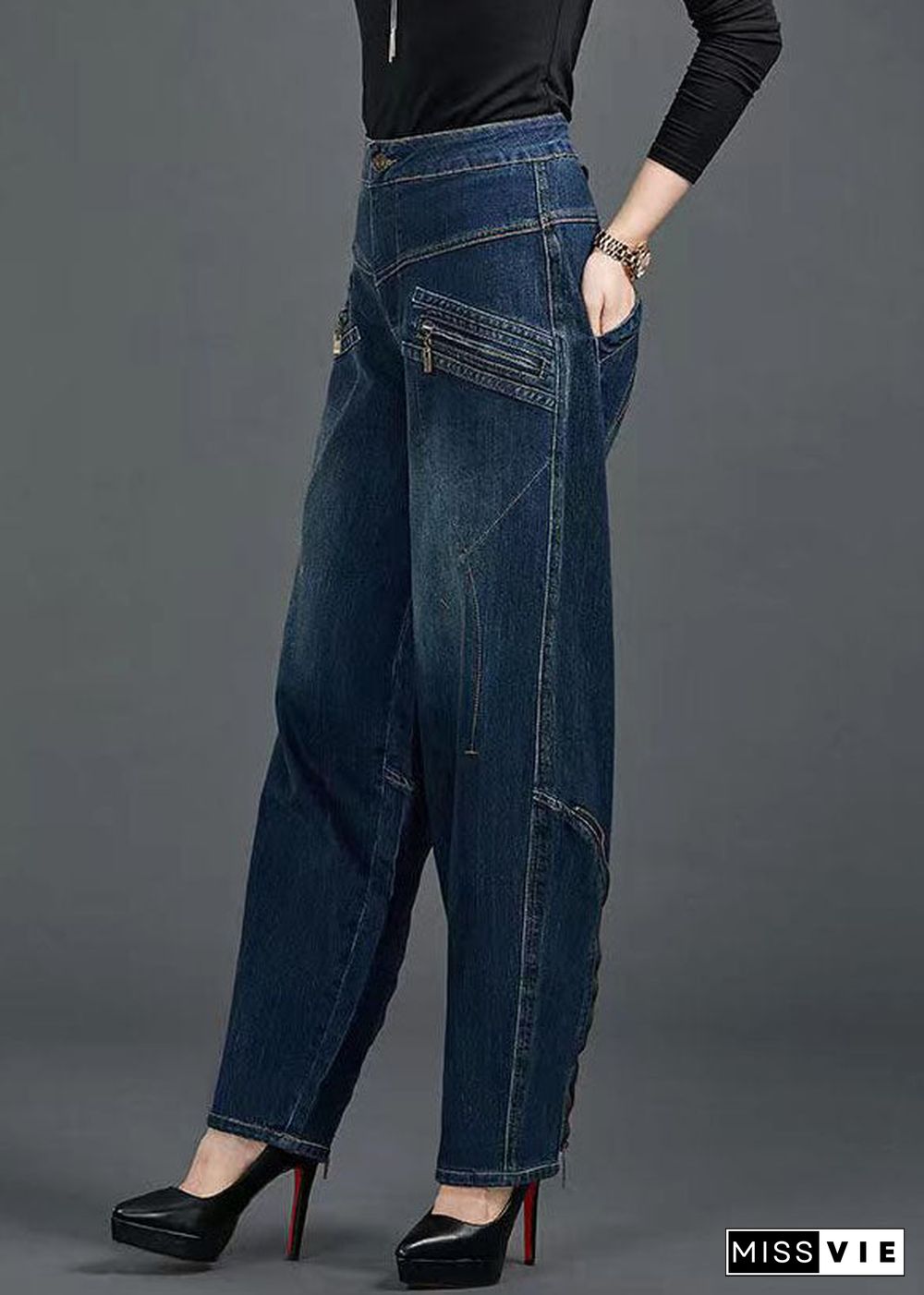 Bohemian Blue High Waist Flatering Zip Up Pockets Cotton Denim Pants Summer