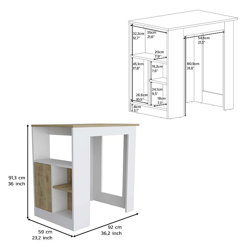 DEPOT E-SHOP Masset Kitchen Island with Side Shelves and Cabinet， White / Macadamia