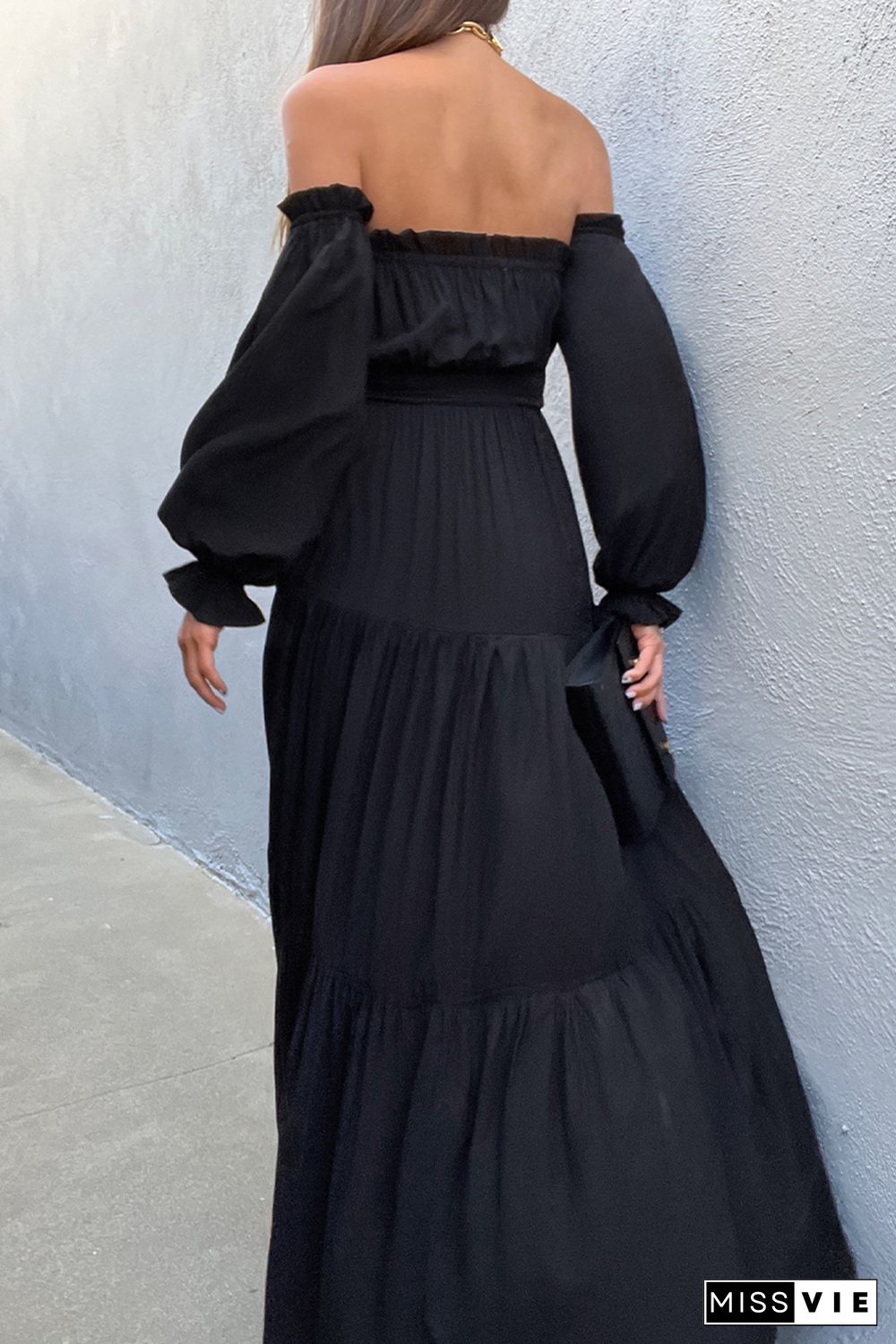 Black Frilled Off-the-shoulder Puff Sleeve Pleated Maxi Dress with Slit