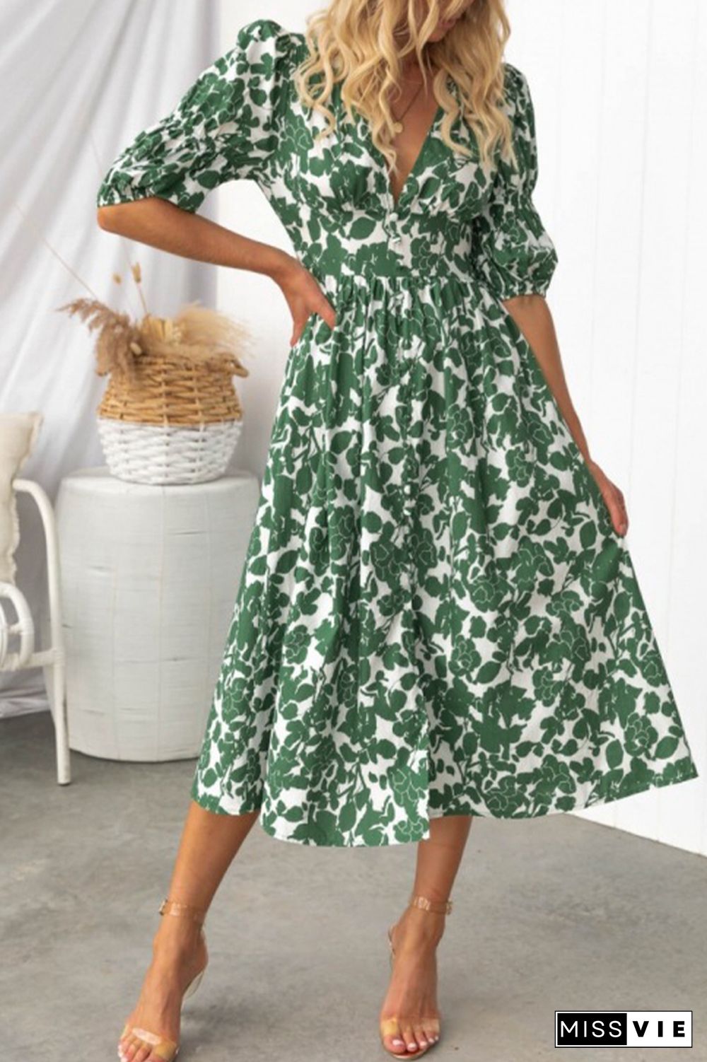 Green Button Down V Neck High Waist Floral Dress