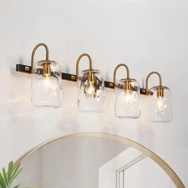 Mid-century Modern Gold 4-Light Bathroom Vanity Light Unique Glass Wall Sconces - L24