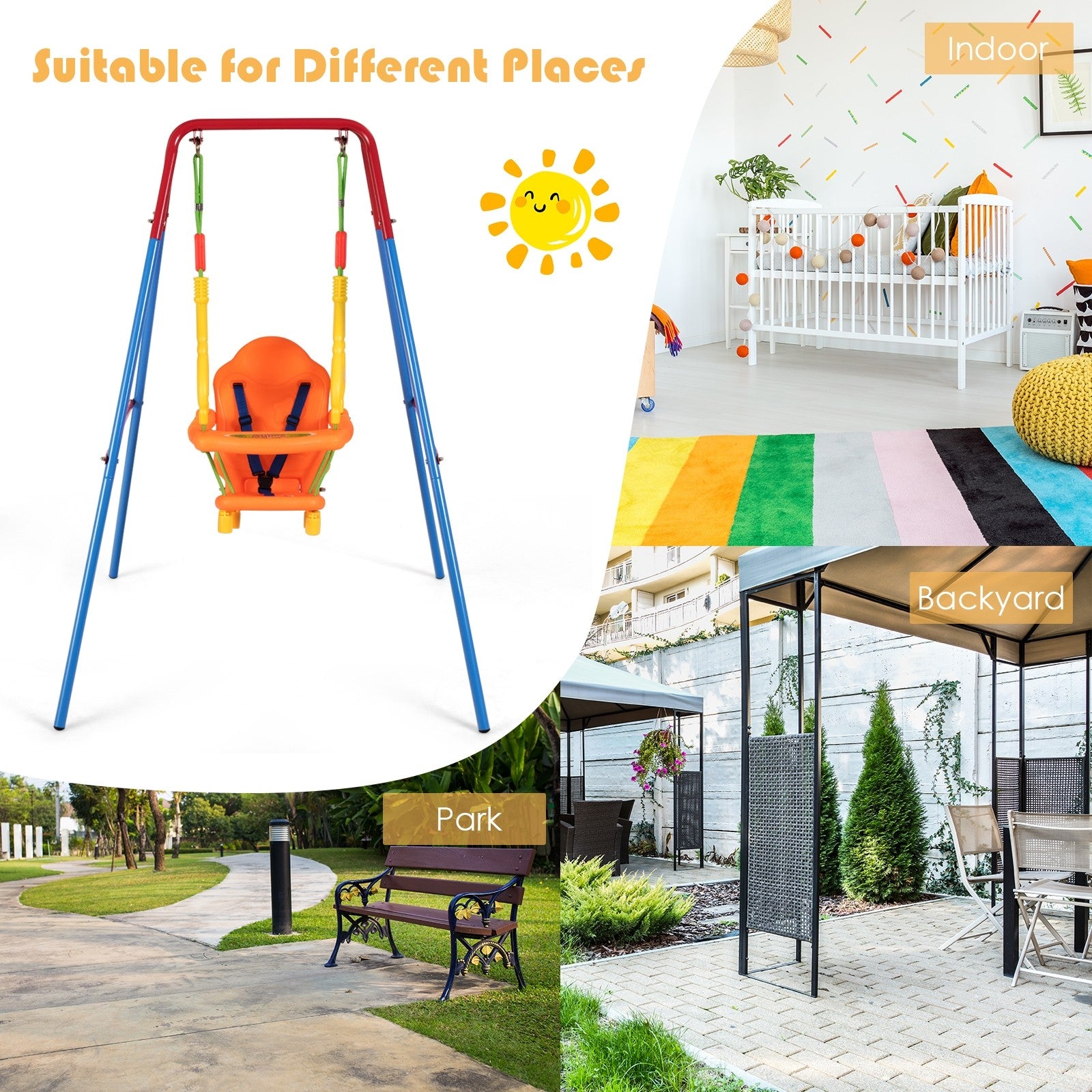 Costzon Toddler Swing Set, Outdoor Metal Swing Set with Safety Harness and Handrails (Swing with Handrails)