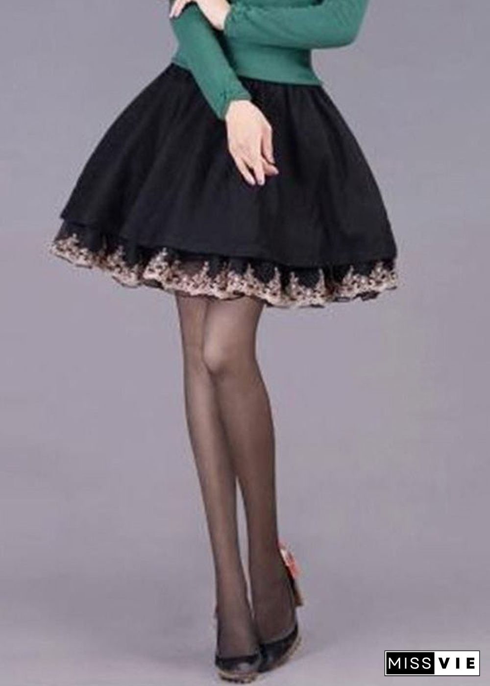 Women Chocolate Tulle Patchwork High Waist Woolen A Line Skirts Winter