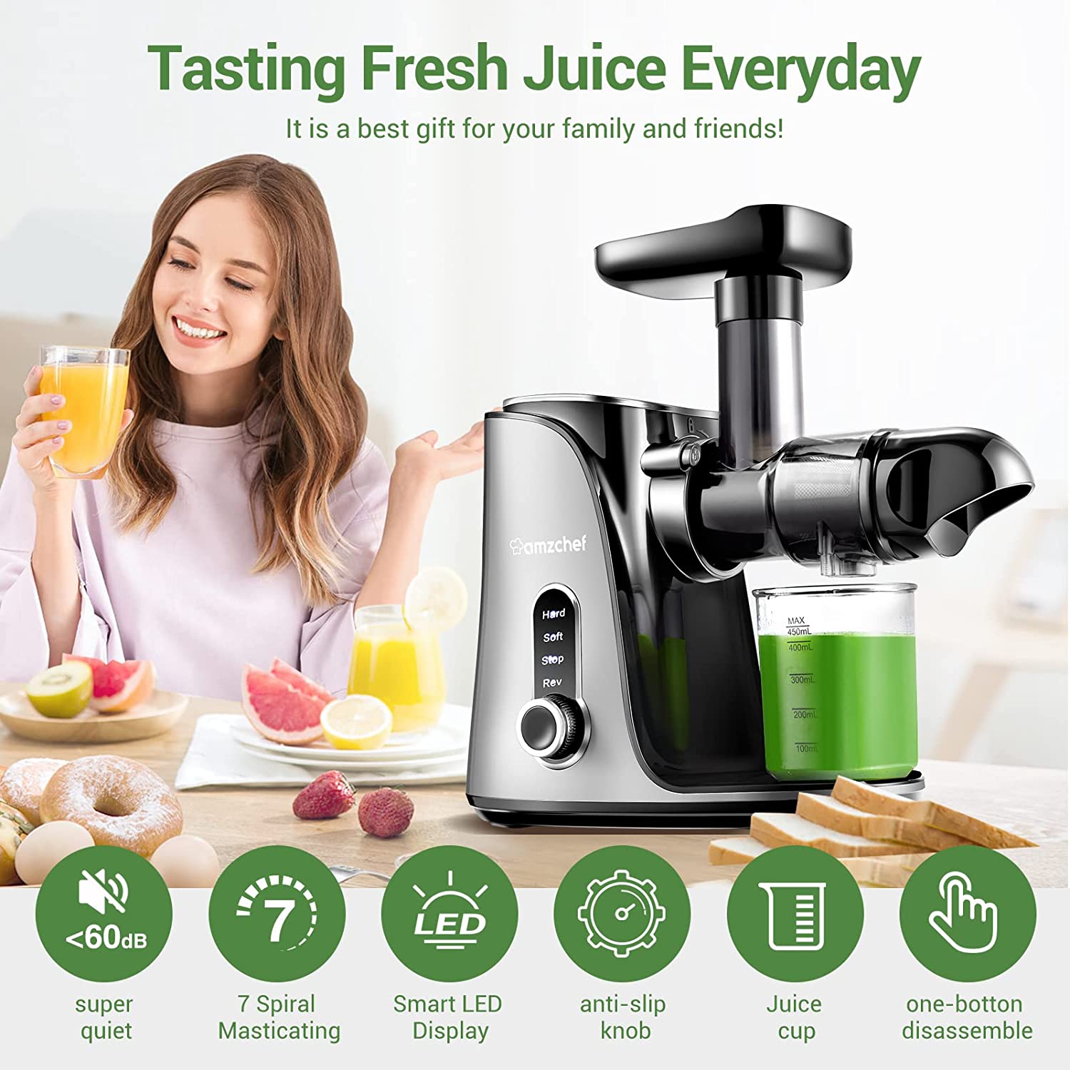 Juicer Machines，AMZCHEF Slow Masticating Juicer Extractor， Cold Press Juicer with Two Speed Modes， Travel bottle(500ML)，LED display， Easy to Clean Brush and Quiet Motor for VegetablesandFruits，Gray